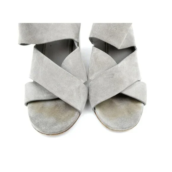 Vince Gray Suede Block Heeled Sandals Womens 6.5M Open Toe Made In Italy - Picture 2 of 12